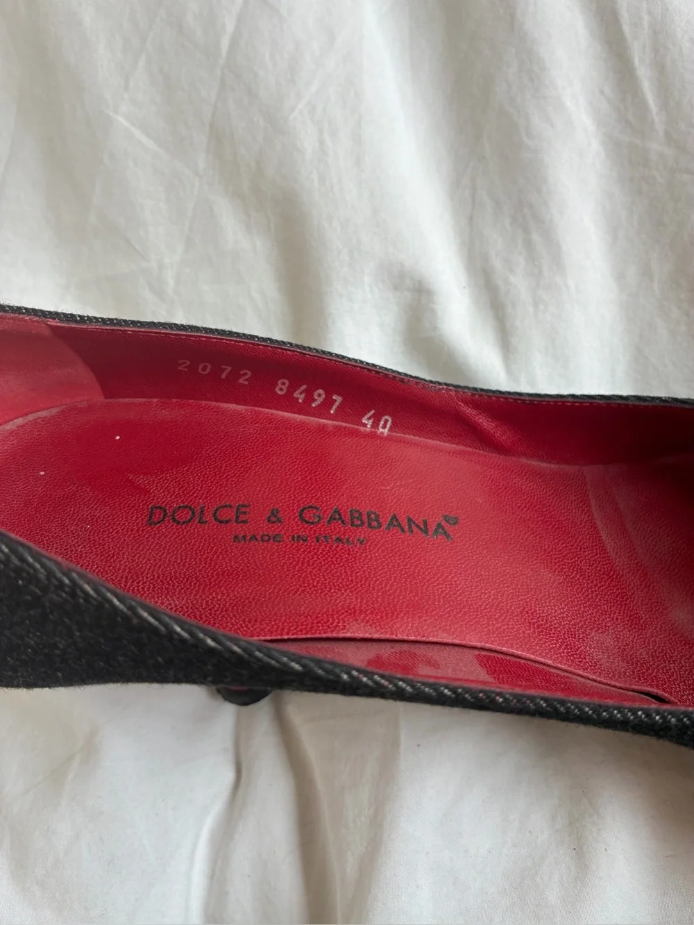Dolce & Gabbana Black Denim Pointed Toe Red Kitten Heel Pumps with Red Interior